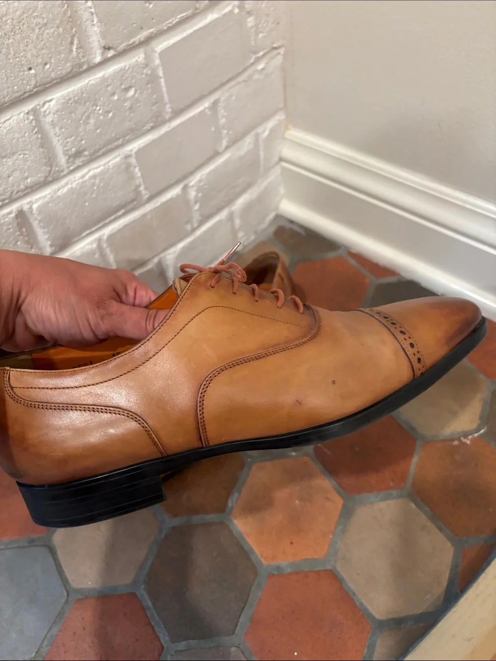 Santoni Cognac Brown Leather Cap-Toe Oxfords